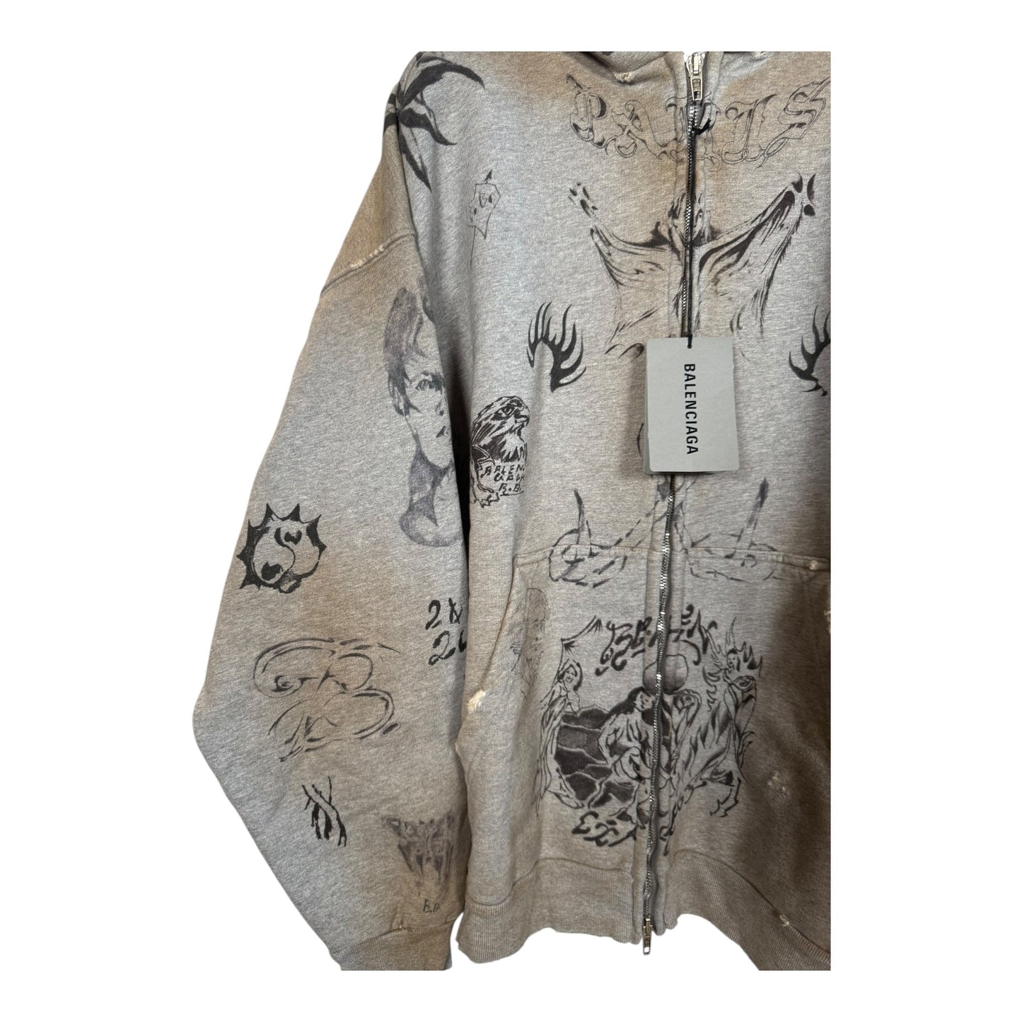 Balenciaga Distressed Tattoo Zip-Up Hoodie