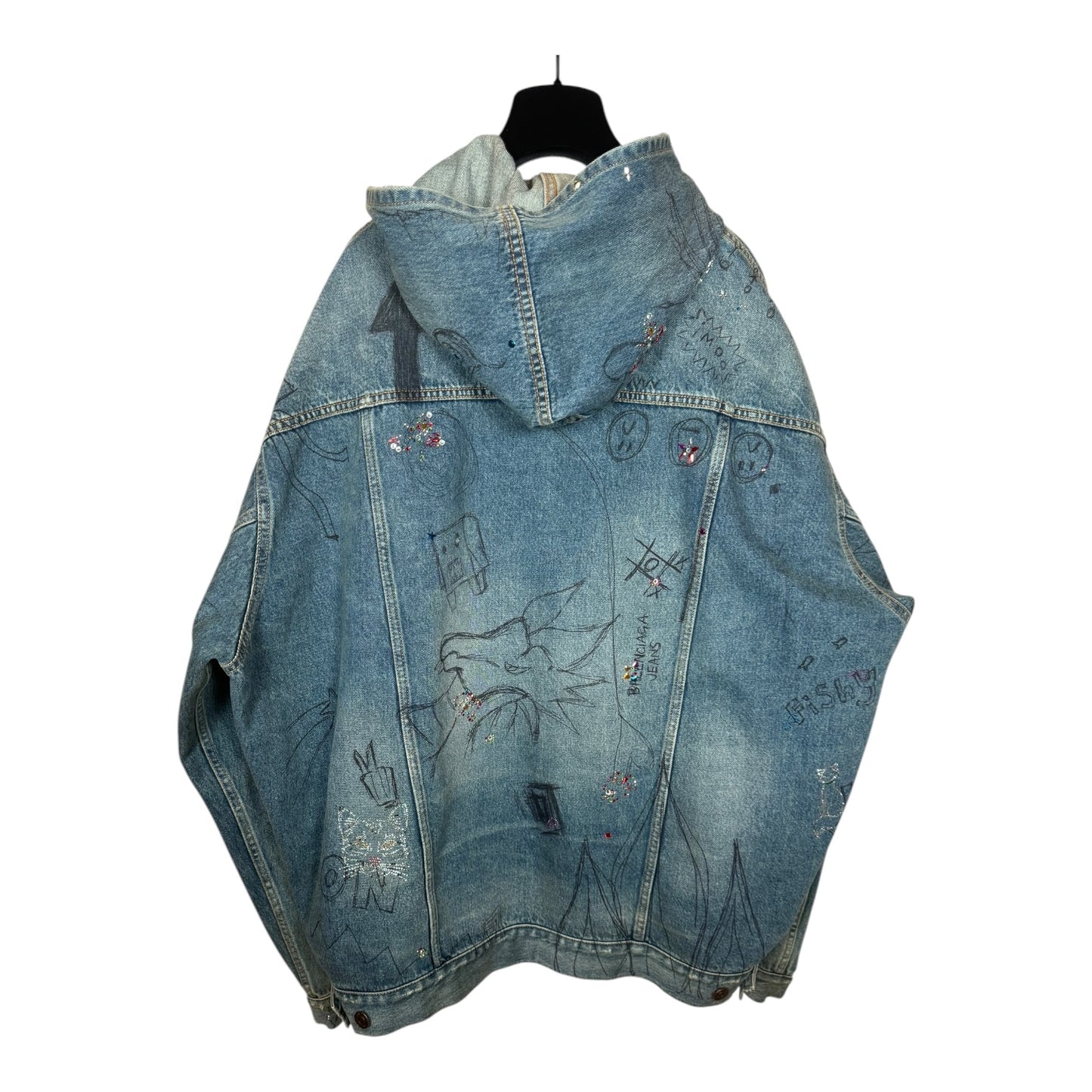 Balenciaga Distressed Scribble Rhinestone Hooded Denim Jacket