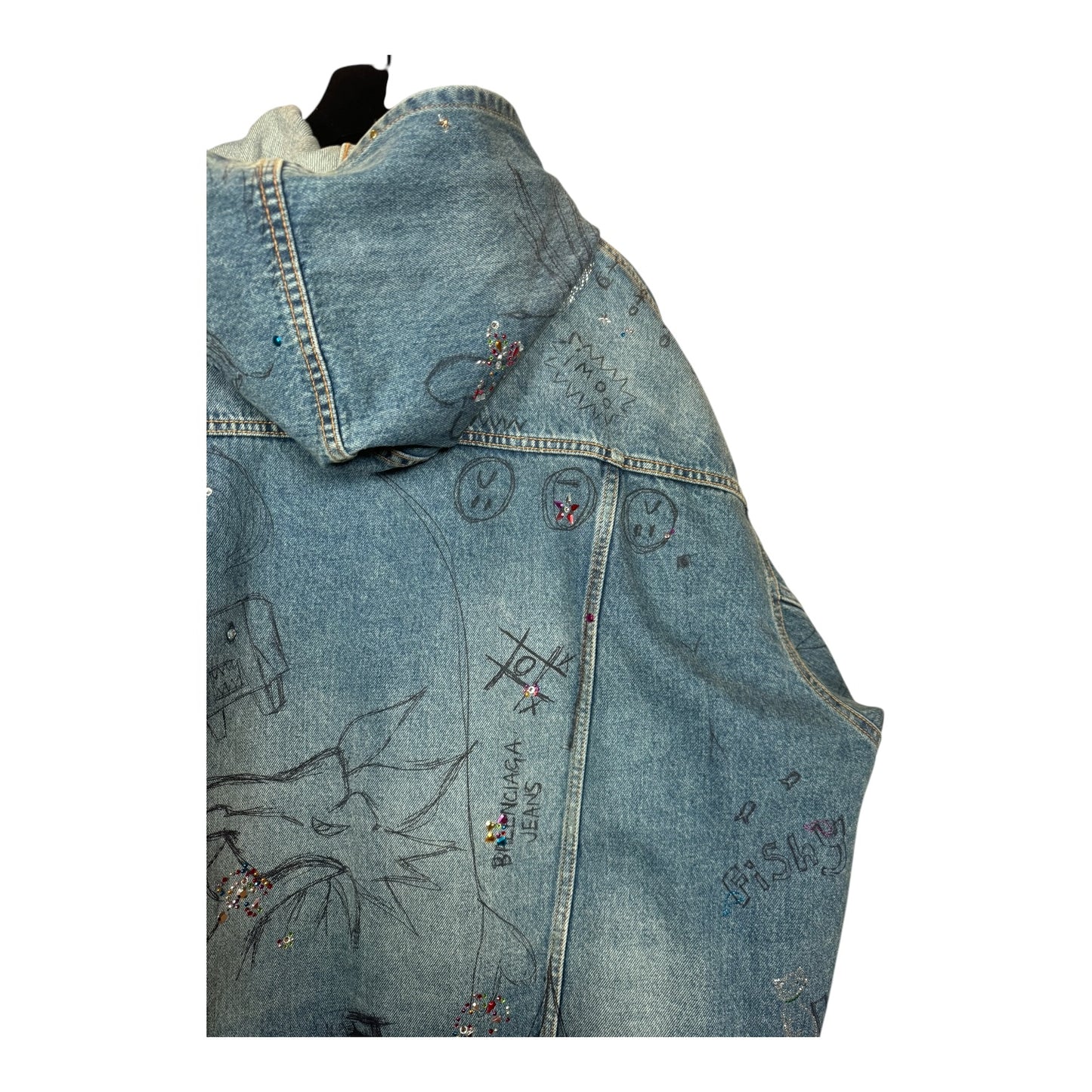 Balenciaga Distressed Scribble Rhinestone Hooded Denim Jacket