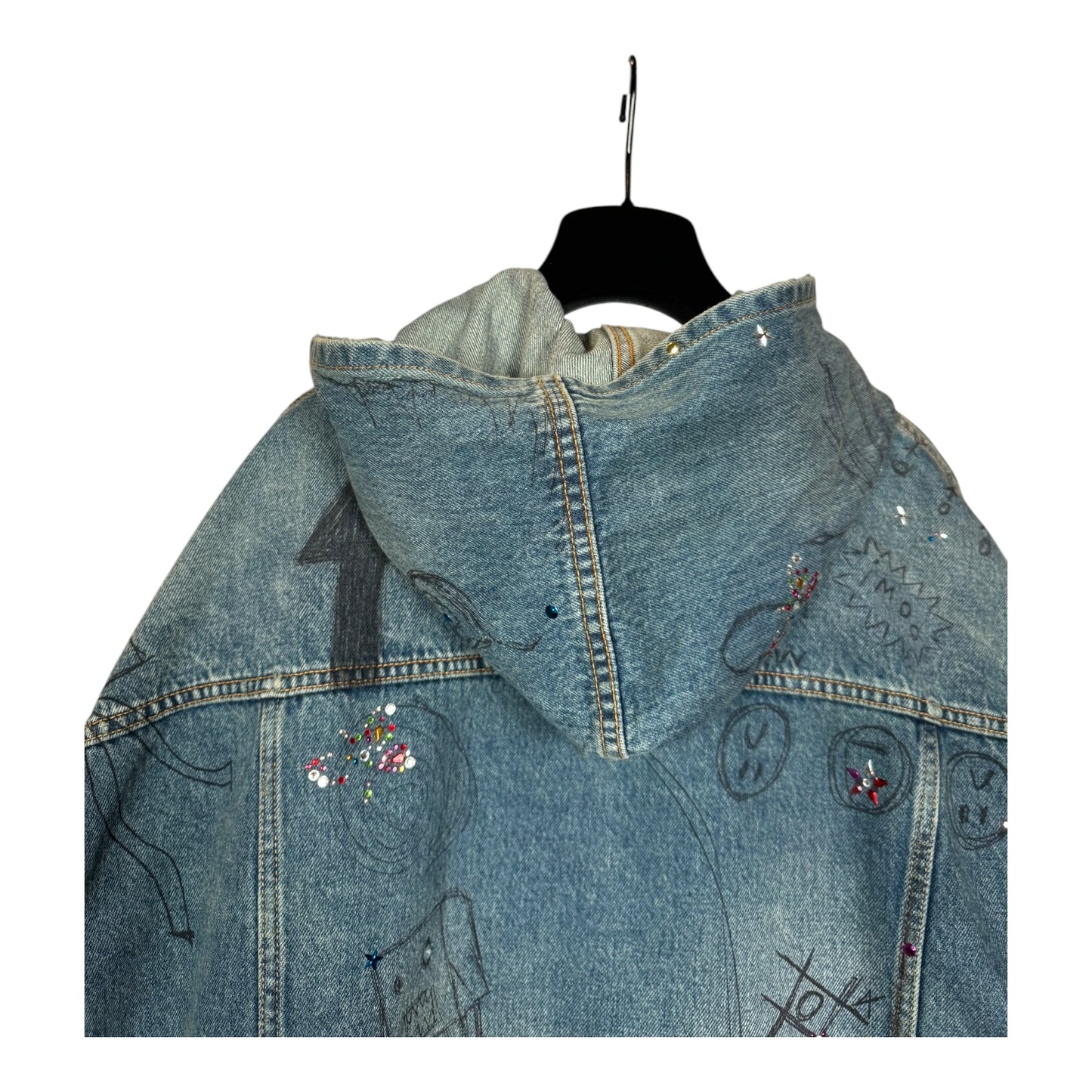 Balenciaga Distressed Scribble Rhinestone Hooded Denim Jacket