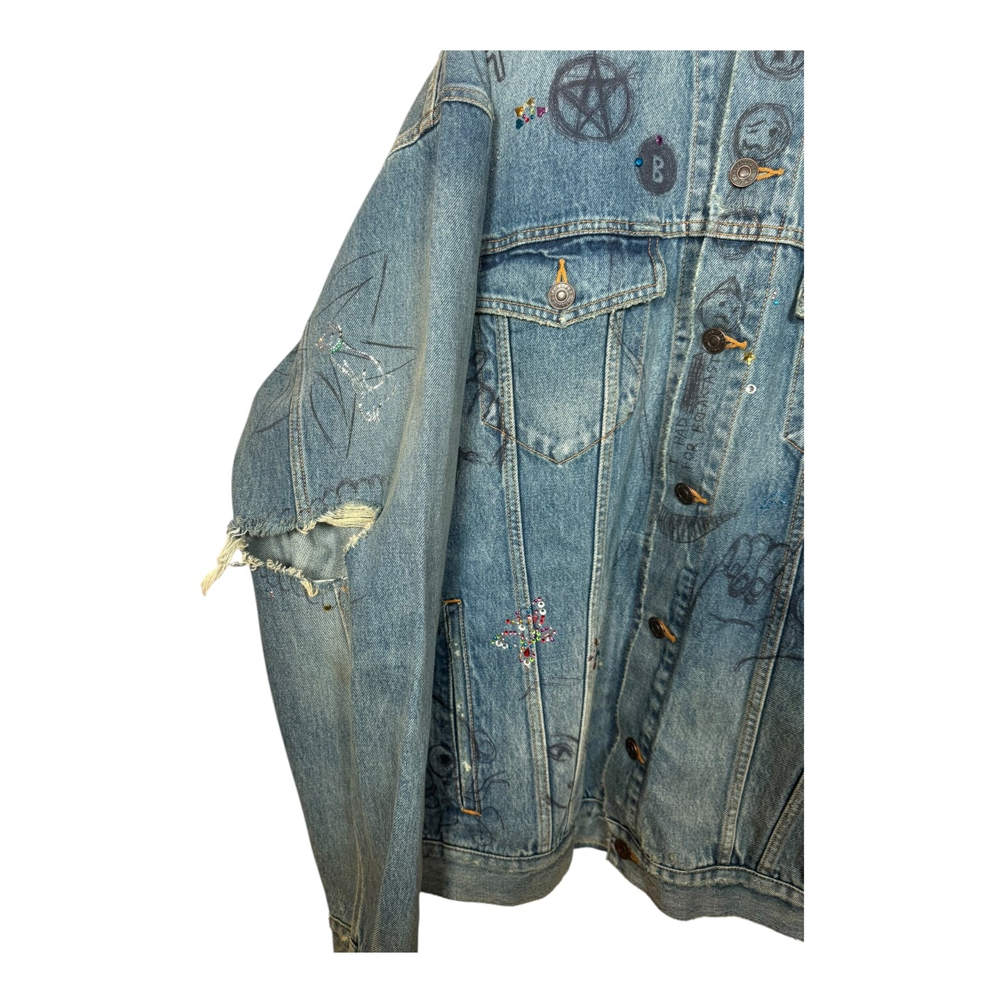 Balenciaga Distressed Scribble Rhinestone Hooded Denim Jacket