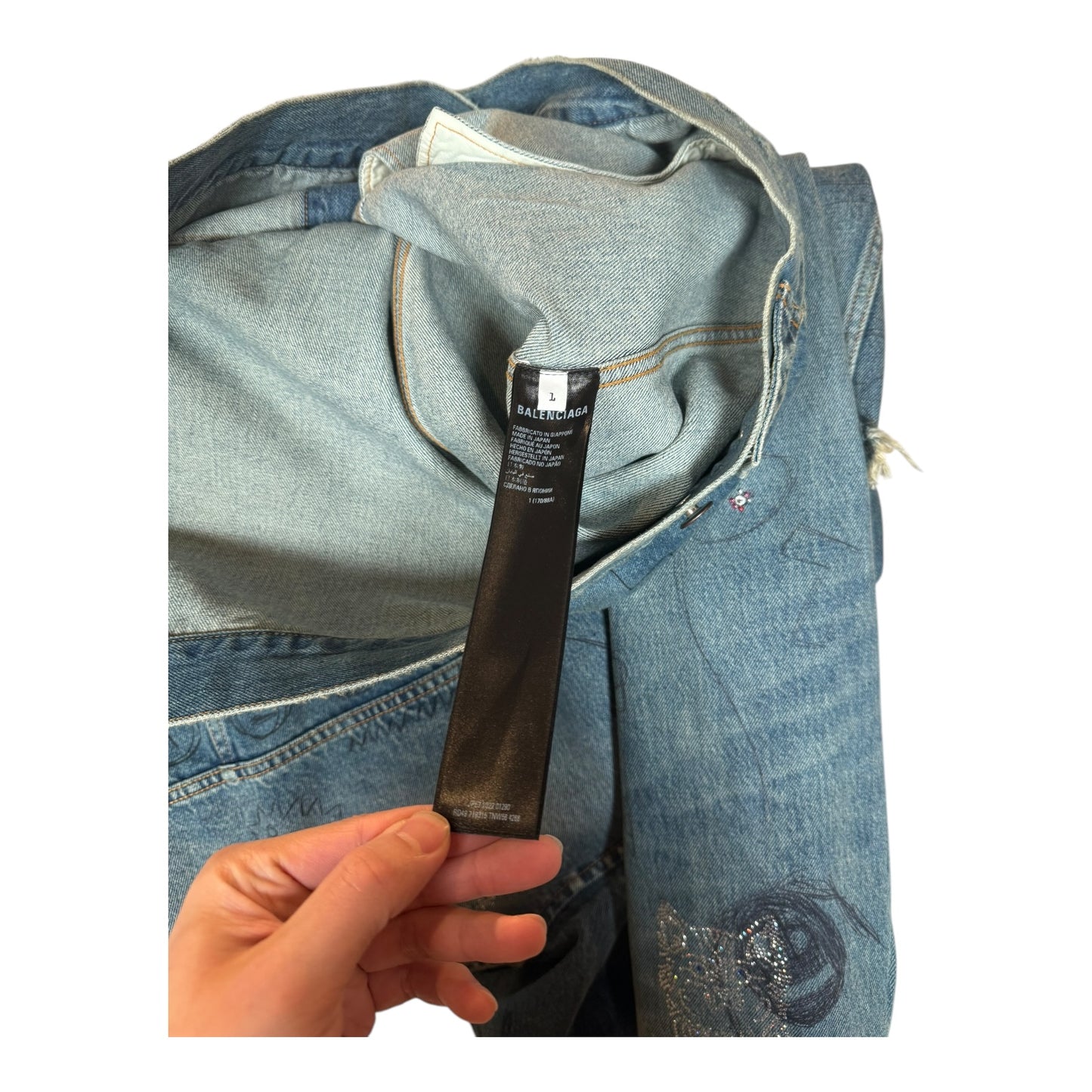 Balenciaga Distressed Scribble Rhinestone Hooded Denim Jacket