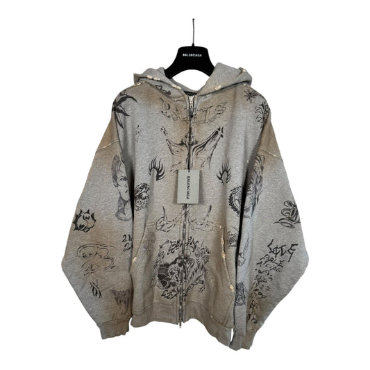 Balenciaga Distressed Tattoo Zip-Up Hoodie