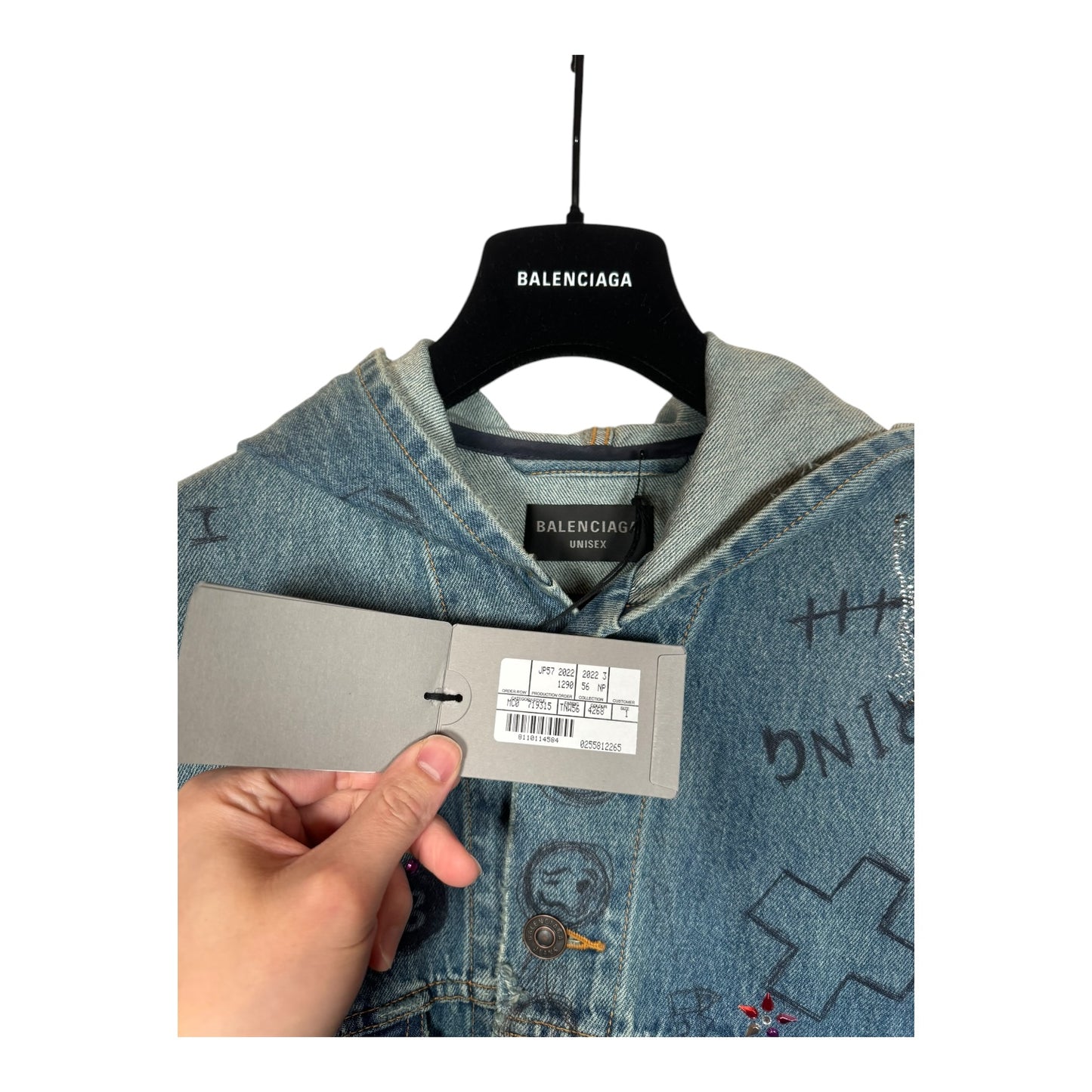 Balenciaga Distressed Scribble Rhinestone Hooded Denim Jacket