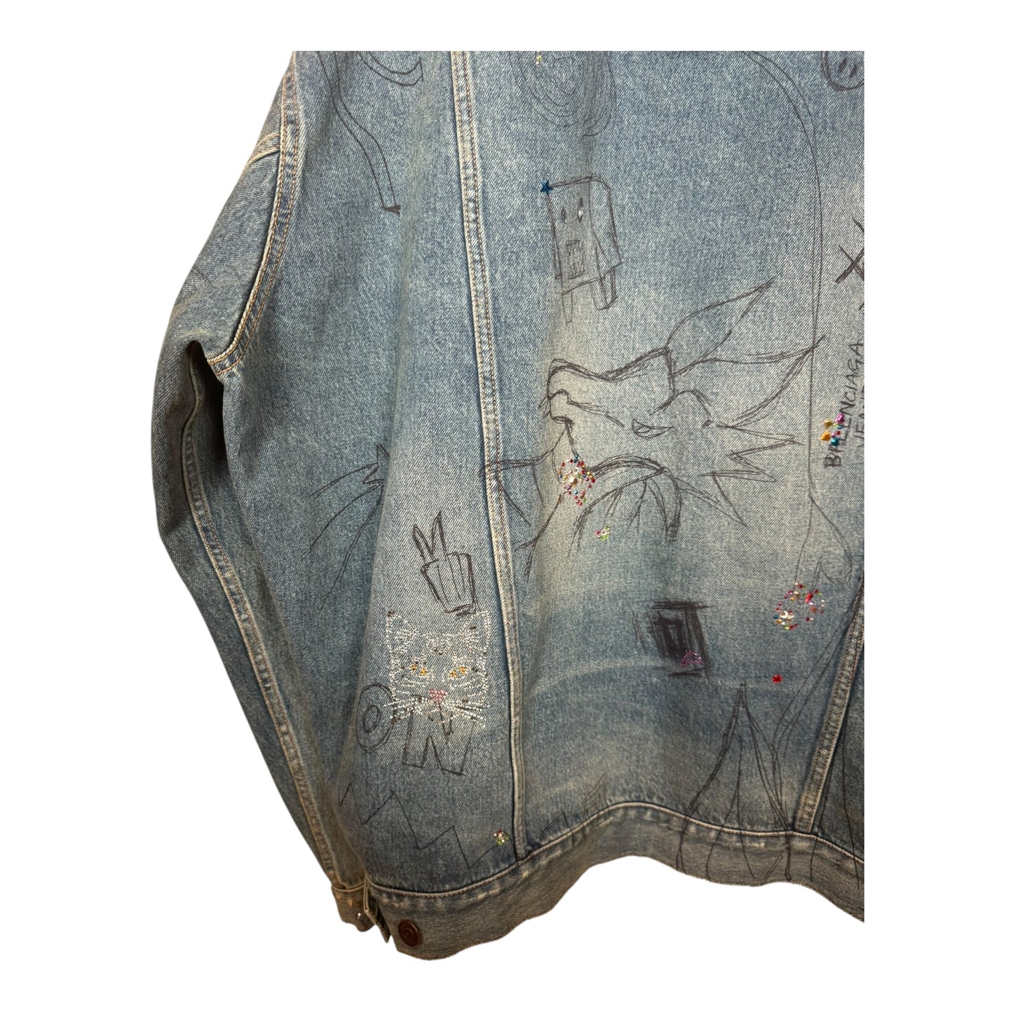 Balenciaga Distressed Scribble Rhinestone Hooded Denim Jacket