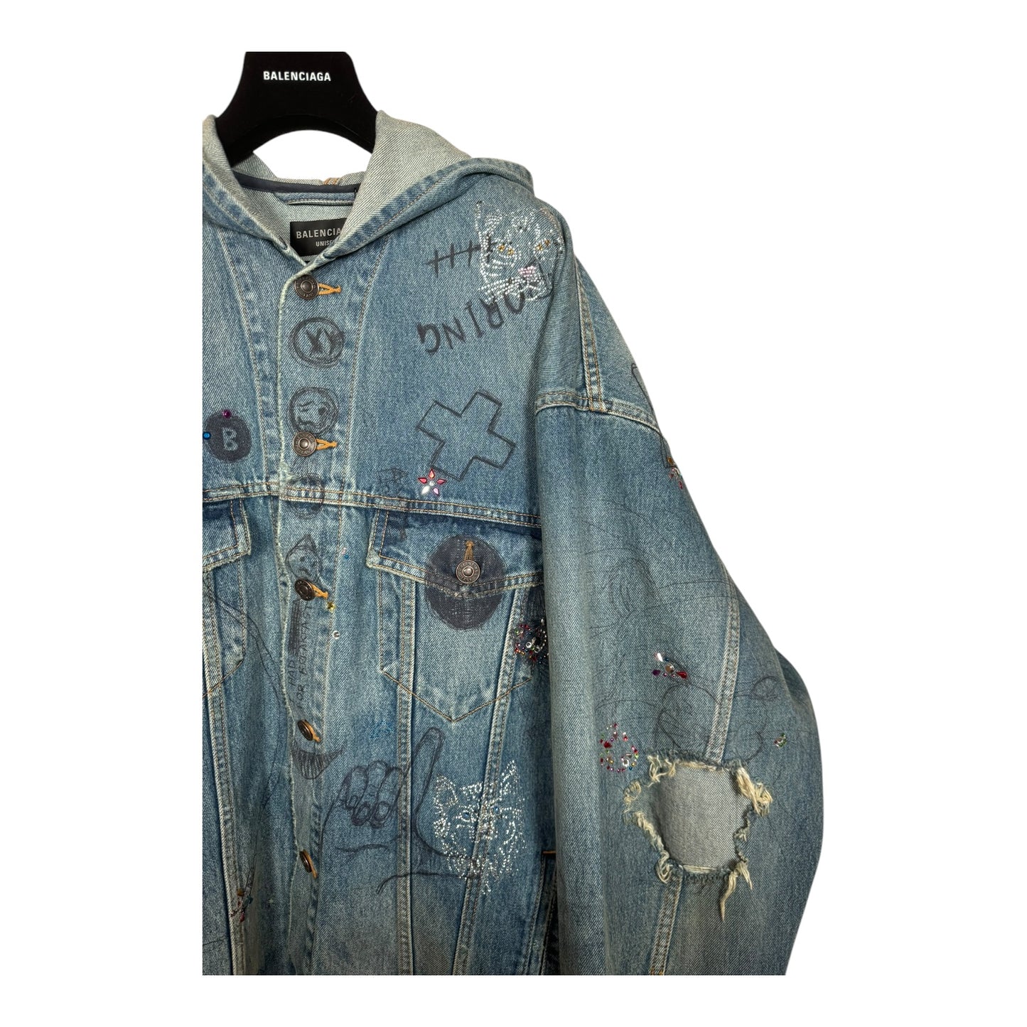 Balenciaga Distressed Scribble Rhinestone Hooded Denim Jacket