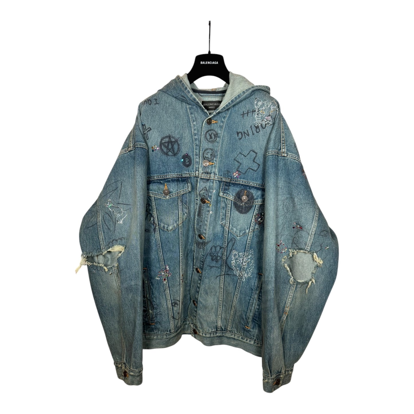 Balenciaga Distressed Scribble Rhinestone Hooded Denim Jacket